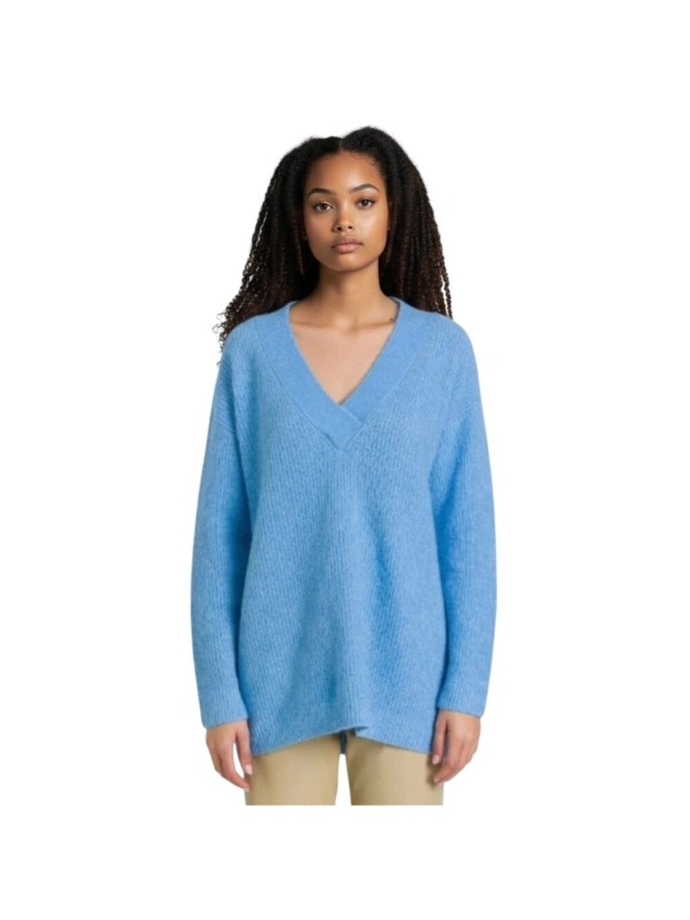GANNI Azure Blue Soft Wool Knit Pullover V-Neck Sweater - Size S